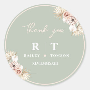 Sticker Rond Sage Green Boho Floral Élégant Mariage Monogramme