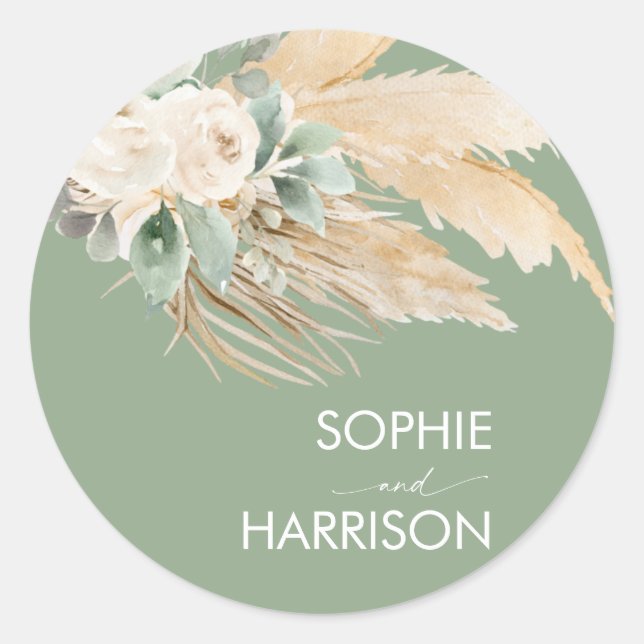 Sticker Rond Sage Green Boho Pampas Grandes (Devant)