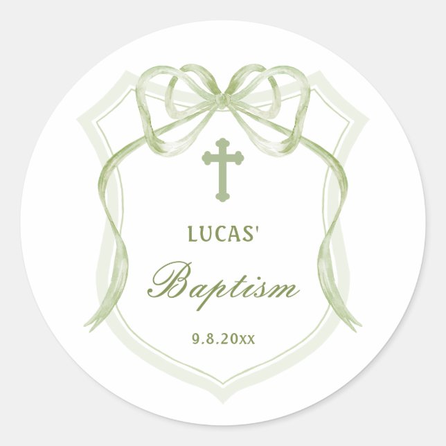 Sticker Rond Sage Green Bow Crest Baptême (Devant)