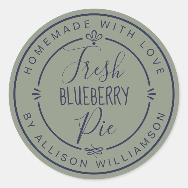 Sticker Rond Sage Green Classic Homemade Blueberry Pie Label (Devant)