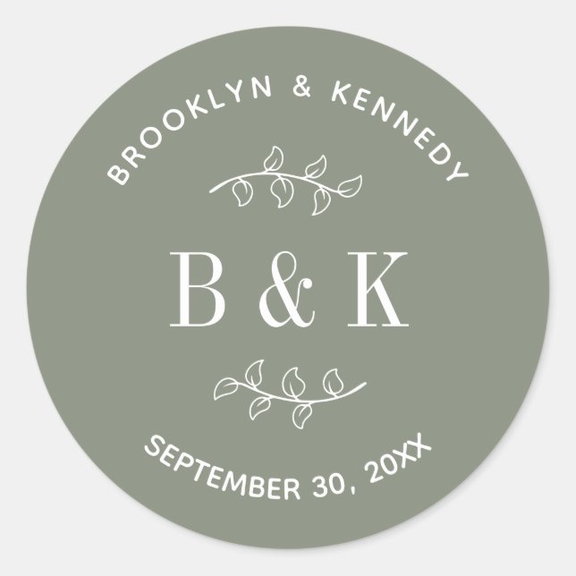 Sticker Rond Sage Green Floral Botanogram Nom du couple (Devant)