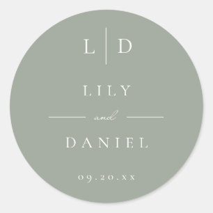 Sticker Rond Sage Green Minimaliste Monogramme Mariage Faveur