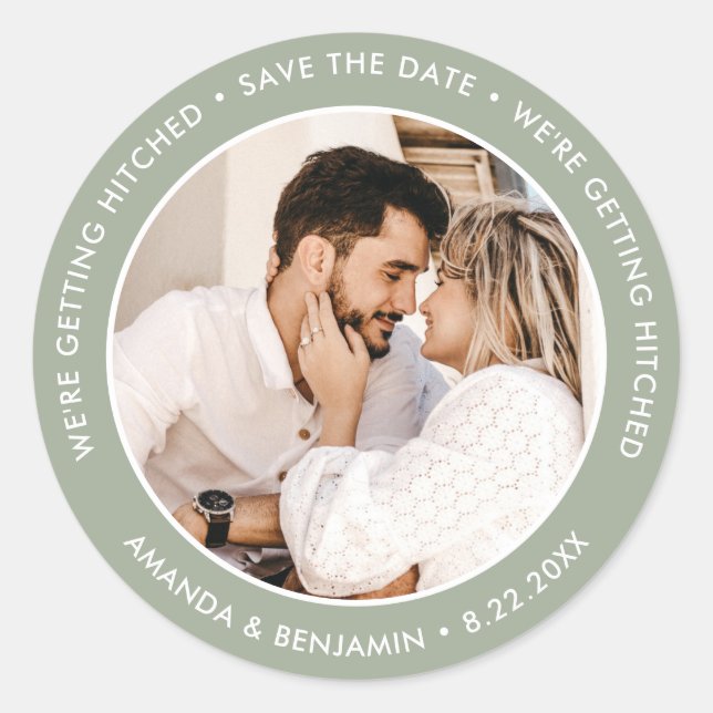 Sticker Rond Sage Green Modern Mariage Photo Enregistrer La Dat (Devant)