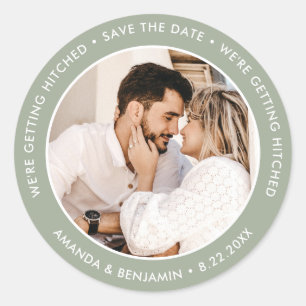 Sticker Rond Sage Green Modern Mariage Photo Enregistrer La Dat