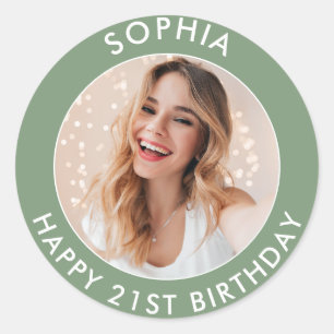 Sticker Rond Sage Green Modern Simple Joyeux 21e anniversaire P