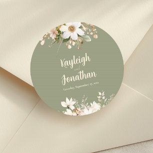 Sticker Rond Sage Green Moderne Aquarelle Mariage Floral