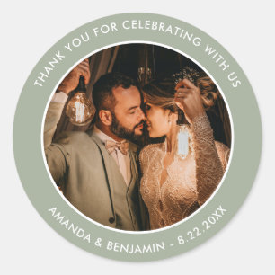 Sticker Rond Sage Green Moderne Merci Photo Mariage Faveur