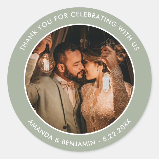 Sticker Rond Sage Green Moderne Merci Photo Mariage Faveur (Devant)