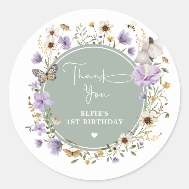 Sticker Rond Sage Green Purple Fleur sauvage Fairy Premier anni (Devant)