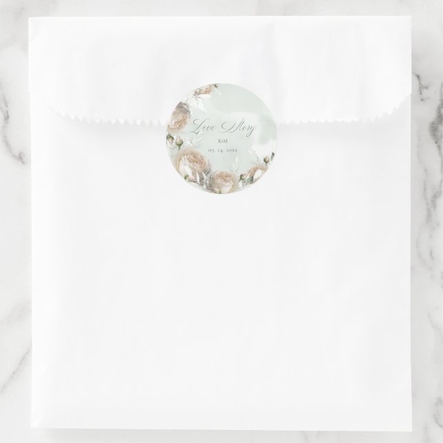 Sticker Rond Sage Greenery White Rose Wedding (Sac)
