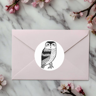 Sticker Rond Sage noir hibou de dessin au trait