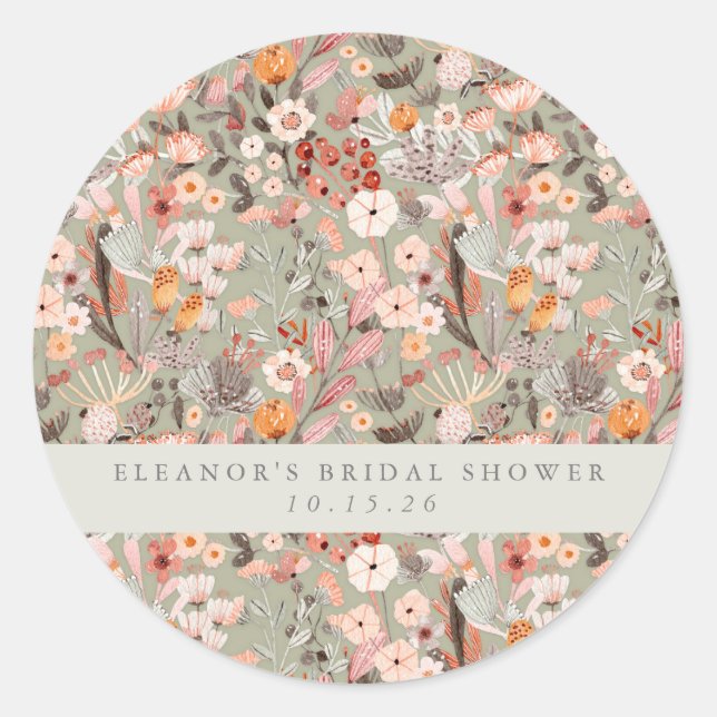 Sticker Rond Sage Rustique Taupe Floral Boho Fête des mariées p (Devant)
