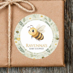 Sticker Rond Sage Vert Fleur des Champs Abeille Nom Personnalis