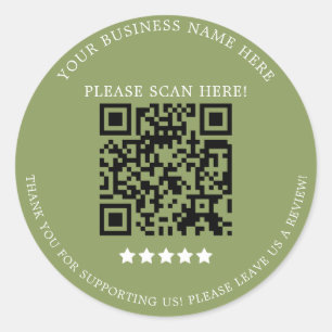 Sticker Rond Sage vert minimaliste Nom commercial QR Code