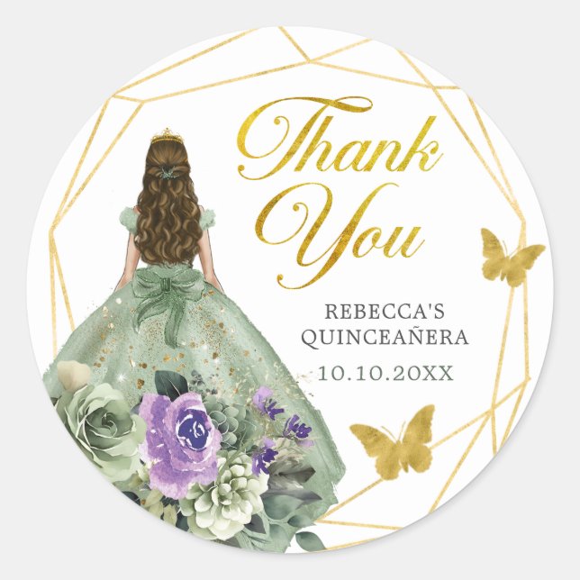 Sticker Rond Sage vert violet Quinceañera Merci (Devant)