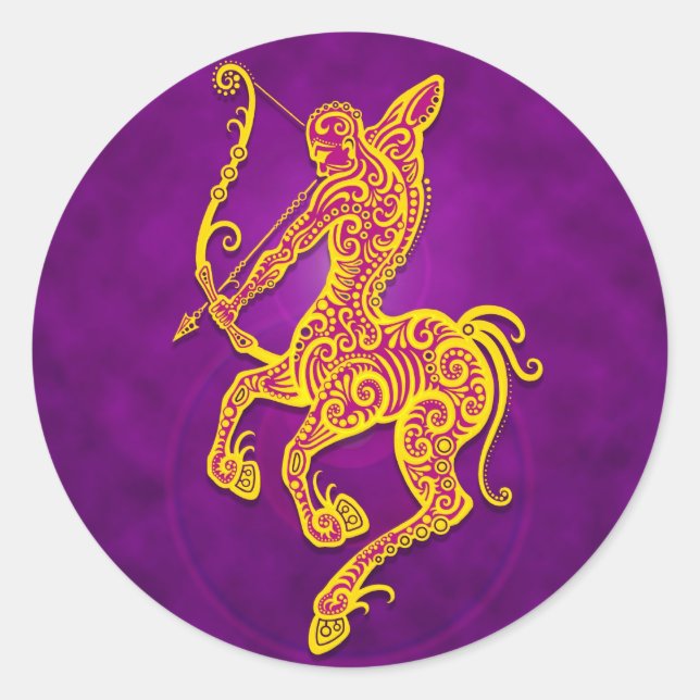 Sticker Rond Sagittaire tribale violet et jaune complexe (Devant)