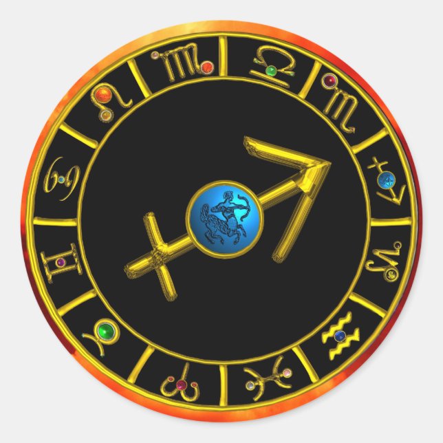 STICKER ROND SAGITTARIUS ET GOLD ZODIAC ANNIVERSAIRE SIGNE CERC (Devant)