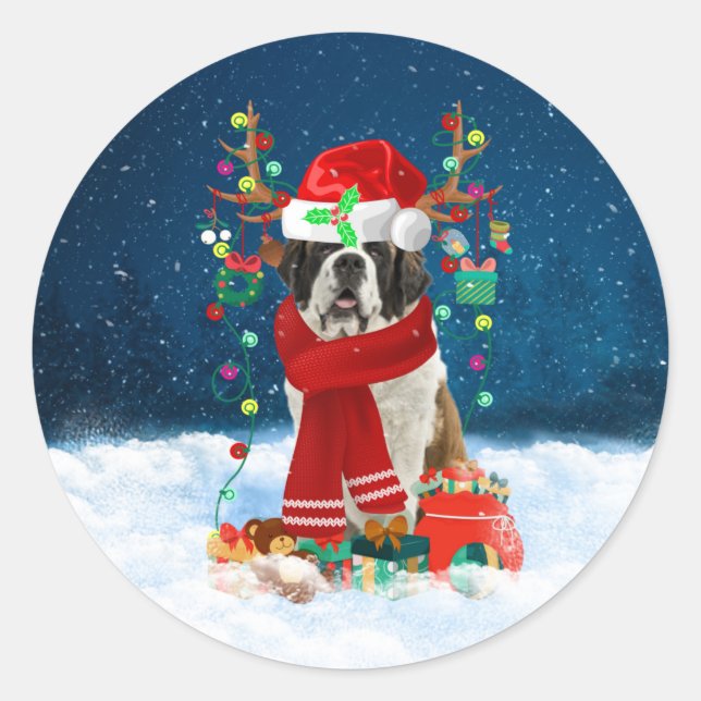 Sticker Rond Saint Bernard chien avec cadeaux de Noël (Devant)