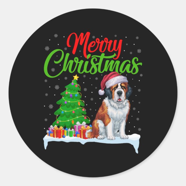 Sticker Rond Saint Bernard Chien Feux de Noël Lumières Fantasti (Devant)