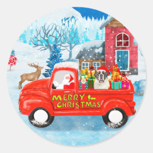 Sticker Rond Saint Bernard Chien Livraison de Noël Camion Neige