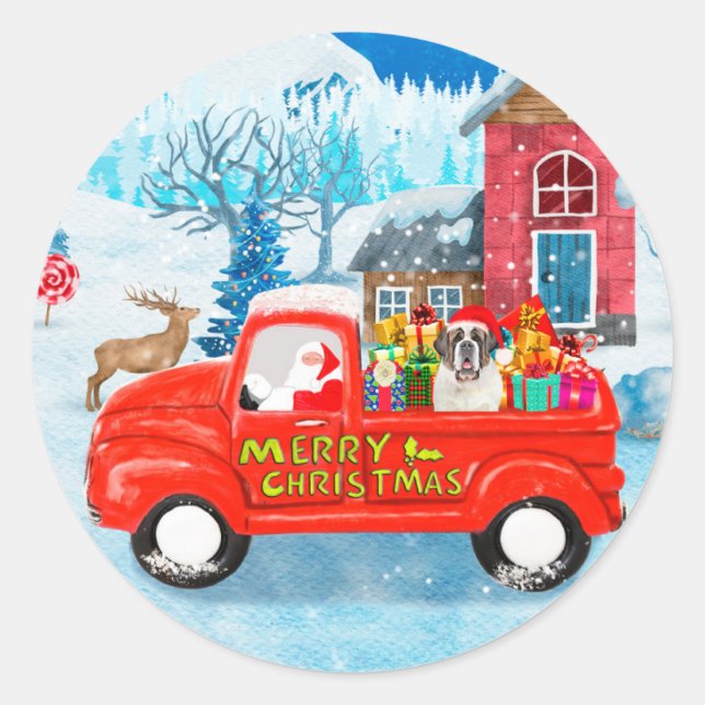 Sticker Rond Saint Bernard Chien Livraison de Noël Camion Neige (Devant)