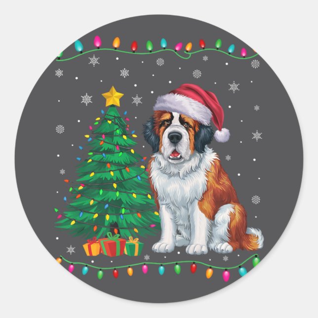 Sticker Rond Saint Bernard Chien Santa Chapeau Hommes Femmes En (Devant)