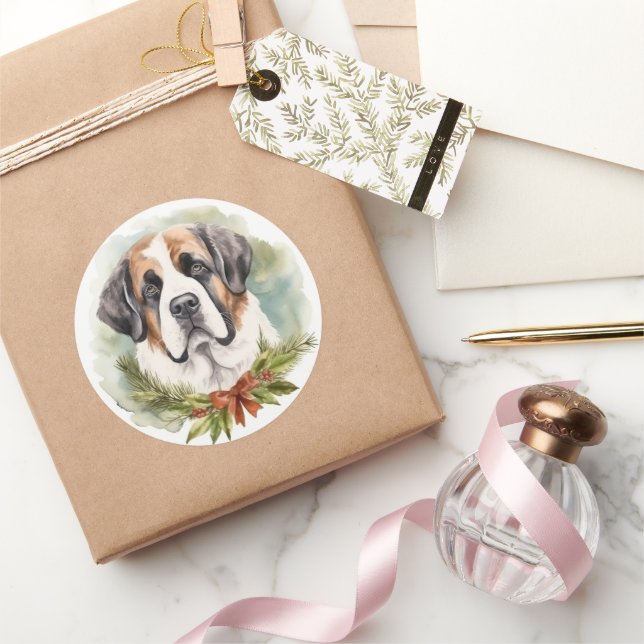 Sticker Rond Saint Bernard Christmas Wreath Festive Pup (Cadeaux)