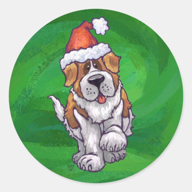 Sticker Rond Saint Bernard mignonne à Santa Chapeau sur Vert (Devant)