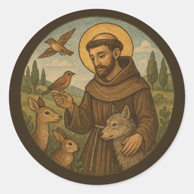 Sticker Rond Saint François d'Assise Patron Saint des Animaux (Devant)