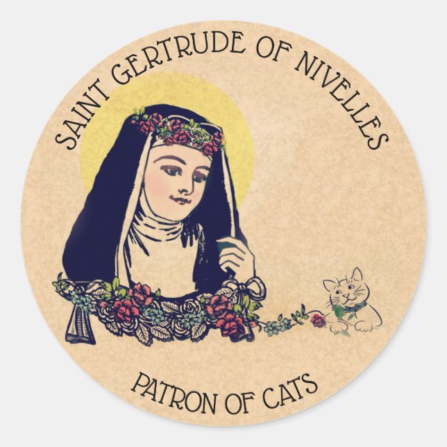 Sticker Rond Saint Gertrude de Nivelles Patron Saint des Chats (Devant)