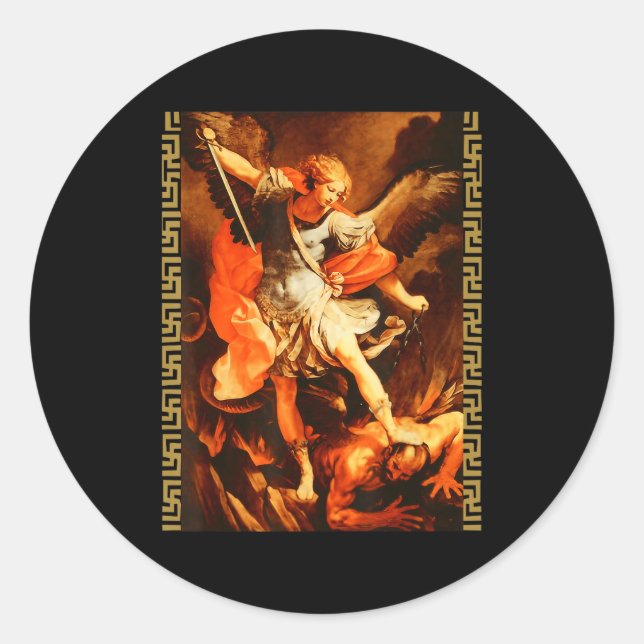 Sticker Rond Saint Michael Defeating Satan Archangel Warrior  (Devant)