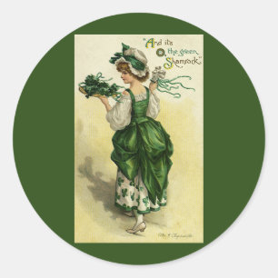Sticker Rond Saint-Patrick vintage, femme trèfles verts