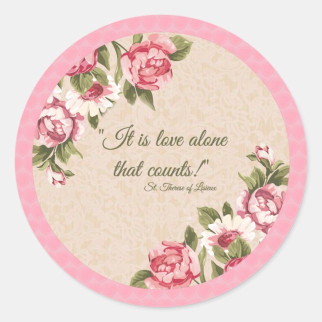 Sticker Rond Saint-Thérèse citation Rose dentelle rose (Devant)