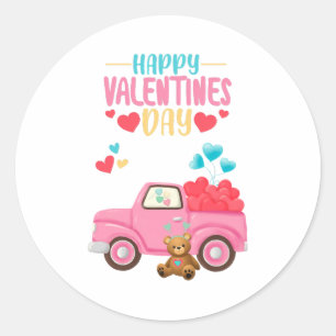 Sticker Rond Saint Valentin Coeurs mignons Camion rose Teddy Be