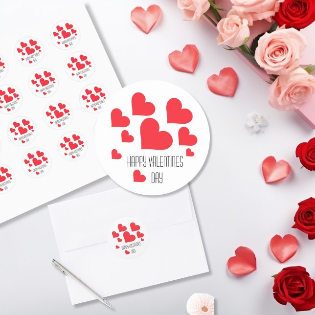 Sticker Rond Saint-Valentin Coeurs Rouges Et Beaucoup D'Amour (Happy Valentines Day Stickers.)