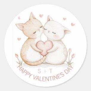Sticker Rond Saint-Valentin Cute Chat Couple Initiales sur mesu