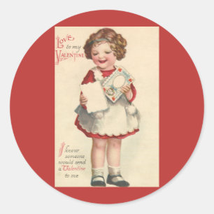 Sticker Rond Saint-Valentin mignon vintage, Fille avec lettre d