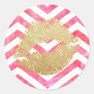 Sticker Rond Saint-Valentin rose chic de lèvres d'or de Chevron