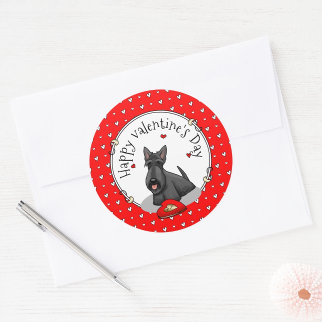 Sticker Rond Saint-Valentin (rouge) Chien écossais (noir) migno (Enveloppe)