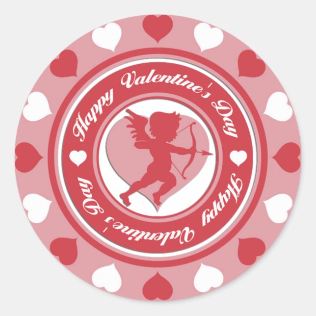 Sticker Rond Saint-Valentin Rouge Cupidon et Coeurs (Devant)