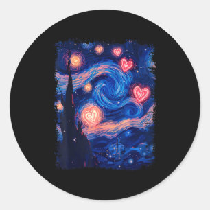 Sticker Rond Saint-Valentin Van Gogh Nuit Étoilée Cœur Assorti