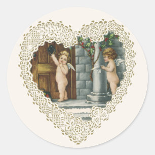 Sticker Rond Saint-Valentin victorien, anges vintage avec lettr
