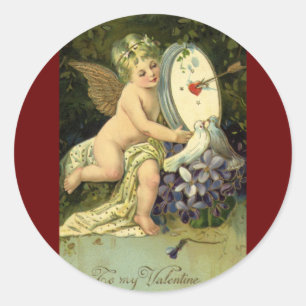 Sticker Rond Saint-Valentin victorien, oiseaux de l'amour d'ang