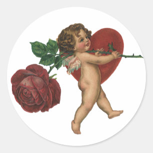 Sticker Rond Saint-Valentin Vintage Cherub et Rose Victorienne