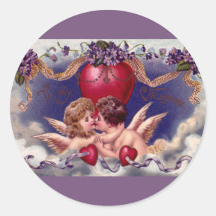 Sticker Rond Saint-Valentin vintage, Chérubins s'étreignant dan