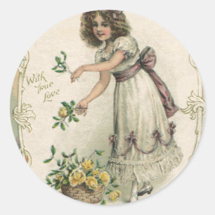 Sticker Rond Saint Valentin vintage, Victorian Girl with Rose