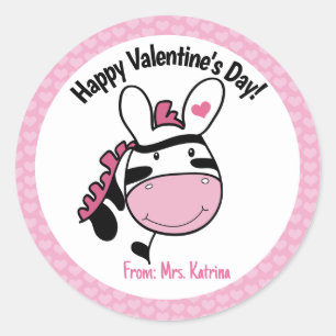 Sticker Rond Saint Valentin Zebra mignonne Coeurs roses