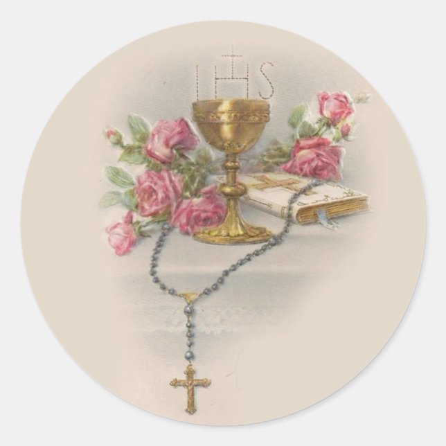 Sticker Rond Sainte Communion Rosaire Eucharistie Chalice Bible (Devant)