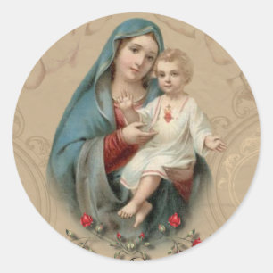 Sticker Rond Sainte Vierge Marie Jésus Roses Vintages