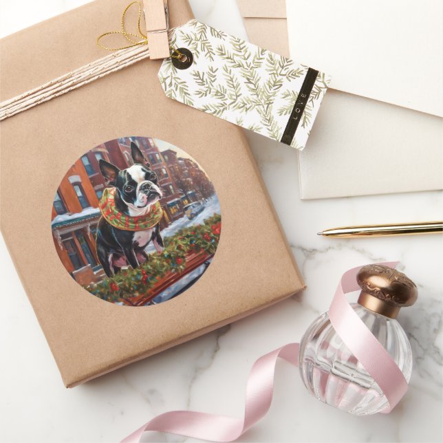 Sticker Rond Saison de Noël de Boston Terrier (Cadeaux)